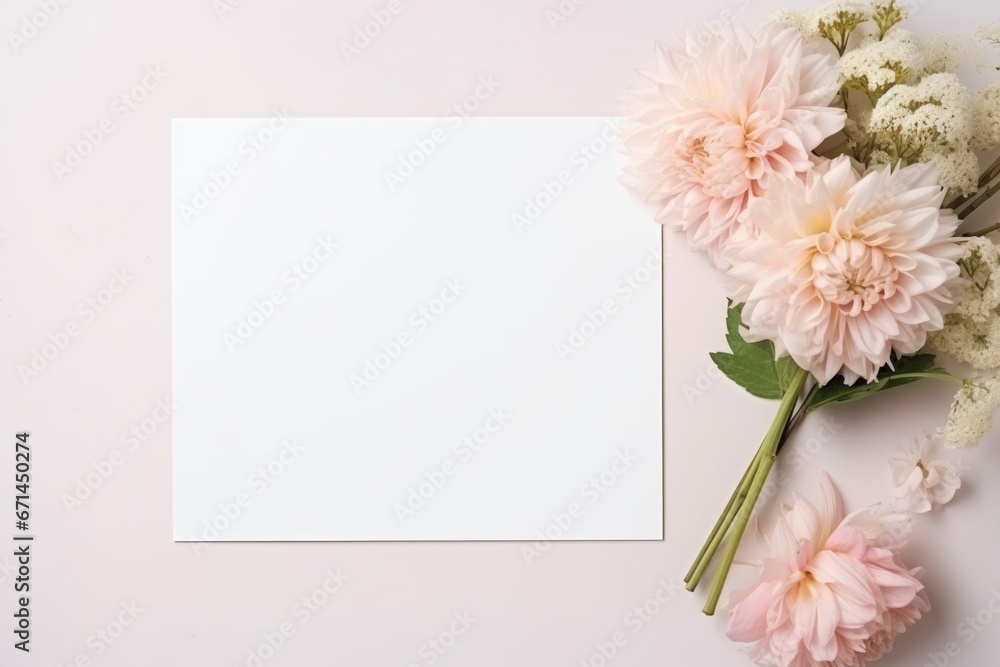 Minimal empty paper card mock up with pink flowers.