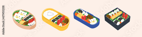 Bento lunch boxes set. Japanese meals with Asian food in lunchboxes, plastic containers. Japan rice, salmon, vegetable, nori and egg omelet, kawaii cute nutrition. Isolated flat vector illustrations