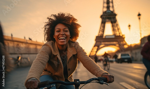 Cheerful Happy young black woman riding bicycle in Paris near the Eiffel Tower, Travel to Europe, Famous popular tourist place in world. 