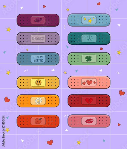 Band aid vector illustrations set. Colourful groovy patches. Motivational positive stickers. Template