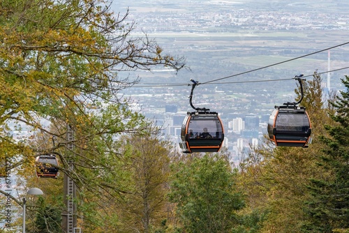 Zagreb cable car with view of the city in the background