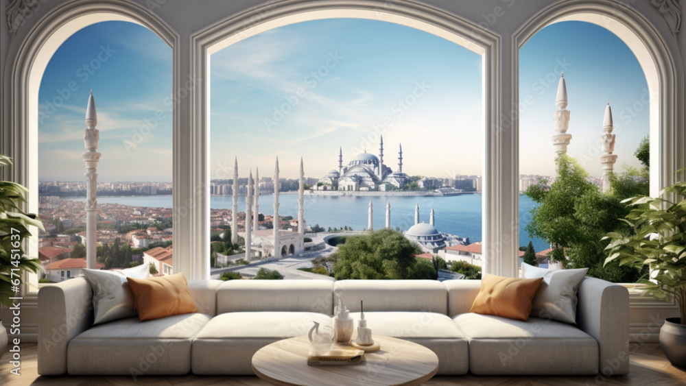 Oriental Istanbul bosphorus home in interior, big panoramic window, beautiful seaside landscape behind the window, view from above, close-up, in the style of luxury advertising