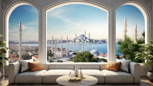 Oriental Istanbul bosphorus home in interior, big panoramic window, beautiful seaside landscape behind the window, view from above, close-up, in the style of luxury advertising © نيلو ڤر