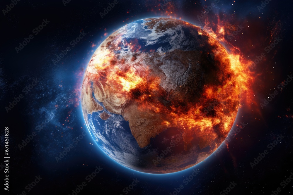 Fire planet burning in space. Global catastrophe concept illustration.