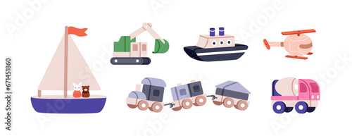 Kids toy transport set. Cute nursery train, ship, sail boat, excavator, truck and helicopter for play and fun. Childish kindergarten flat vector illustrations isolated on white background