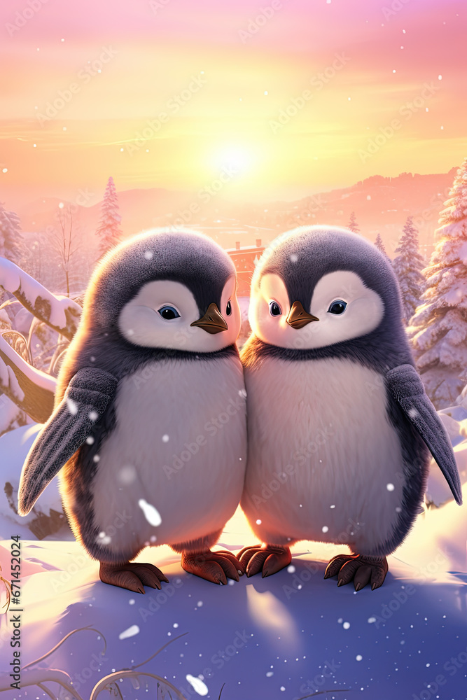 Fototapeta premium Cartoon penguins. North Pole. Winter. Generative AI