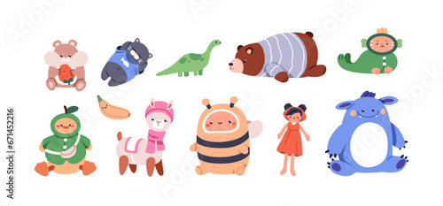 Plush stuffed toys set. Cute soft animals, dolls. Fluffy teddy bear, dinosaur, bee, cat. Kawaii kid childish plushie for playing game. Nursery flat vector illustrations isolated on white background