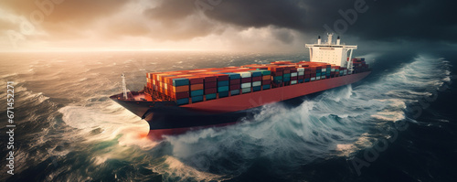 Cargo ship liner with containers on board in storm sea, Business logistics, warehouse industrial and logistics companies. E-commerce purchases, wholesale merchandise. 