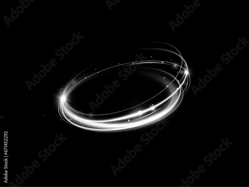 Glowing white spiral. Speed ​​abstract lines effect. Rotating shiny rings. Glowing circular lines. Glowing ring trail. Vector. 
