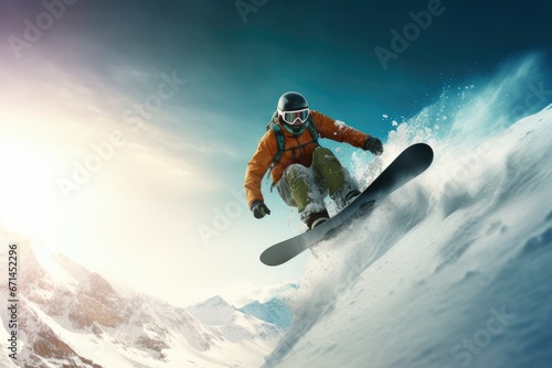 This image captures a snowboarder jumping in the mountains during winter, rendered in 3D. It depicts a scene of extreme winter sports in the mountains.Generative AI