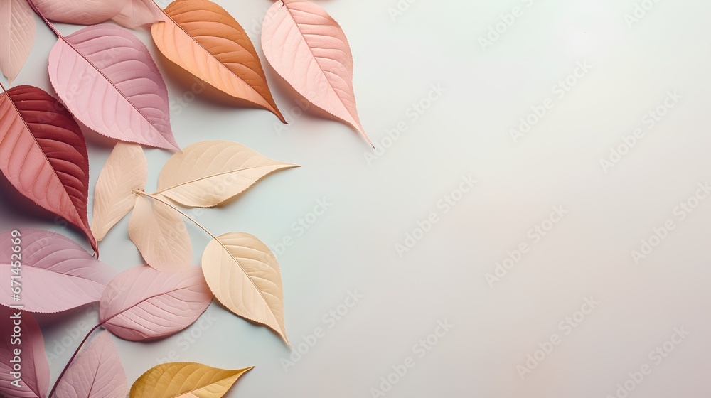 Leaves background in Aesthetic minimalism style. Soft pastel, neutral colors and beige elements for social media. Elegant premium design with minimal style. Touch of sophistication to any project. - obrazy, fototapety, plakaty 