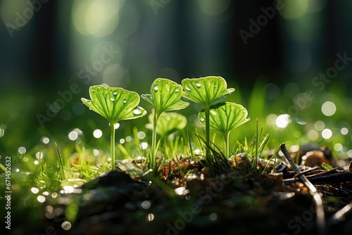 A refreshing background image, embodying the essence of spring with a close-up view of lush green sprouts glistening with dew in the gentle morning sunlight. Photorealistic illustration