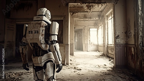 Photo white robot looking back old building background post war