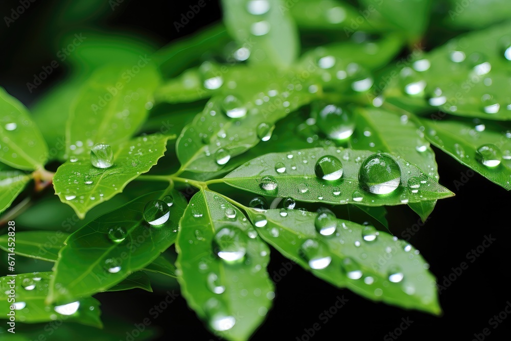 A captivating background image for creative content, immersing you in the essence of spring with a close-up view of raindrops glistening on lush green leaves. Photorealistic illustration A captivating background image for creative content, immersing you in the essence of spring with a close-up view of raindrops glistening on lush green leaves. Photorealistic illustration