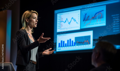 Business Woman on stage at conference holding a presentation of a new product, Speaker having a lecture about digitization, engineering, sustainability, automation. © Andrii IURLOV