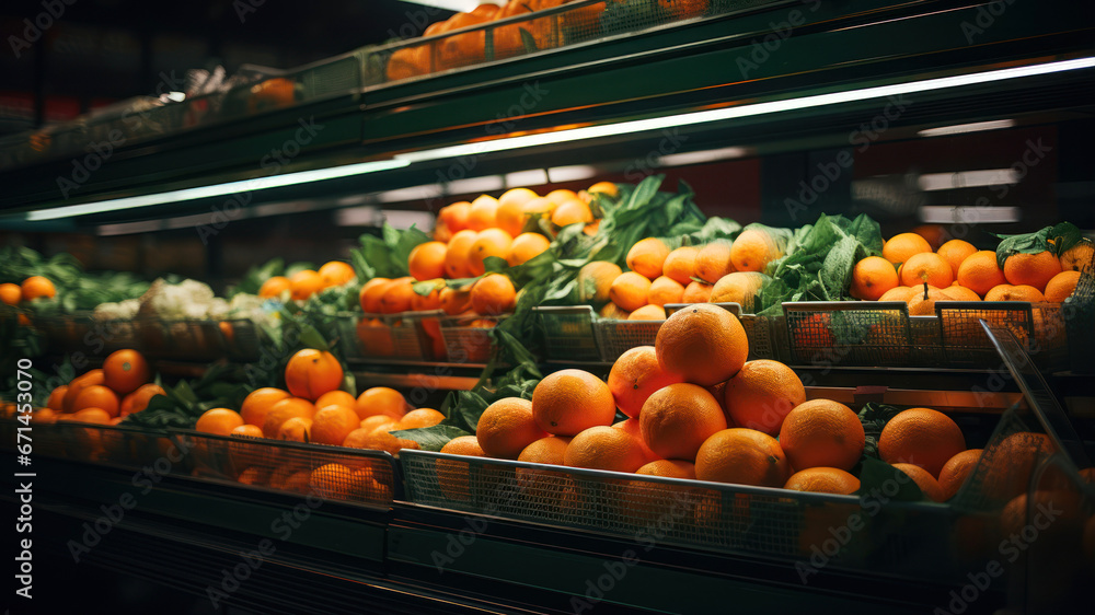 Oranges on shelves in supermarket. Shallow depth of field.