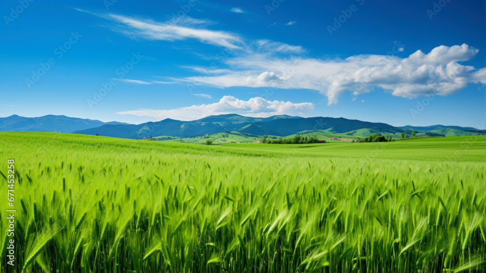 Green wheat field and blue sky with white clouds. Landscape.