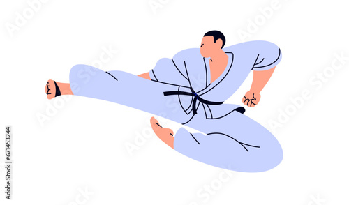 Karate fighter in kimono. Wrestler athlete in uniform, fighting, kicking, attacking. Japan martial art. Asian Japanese wrestling. Flat graphic vector illustration isolated on white background