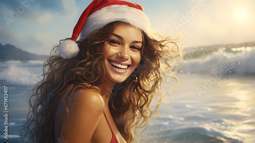 Smiling girl in santa claus hat on ocean beach photo