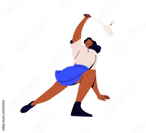 Badminton player hitting shuttlecock with racket. Black woman athlete playing sports court game, holding racquet in hand, serving shuttle. Flat vector illustration isolated on white background
