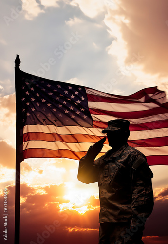 Soldier and USA flag on sunrise background . Veterans Day.
