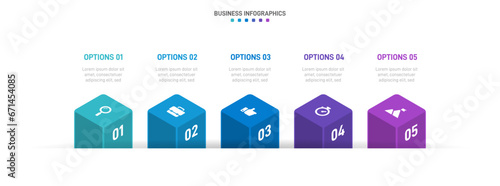 Timeline infographic with infochart. Modern presentation template with 5 spets for business process. Website template on white background for concept modern design. Horizontal layout.