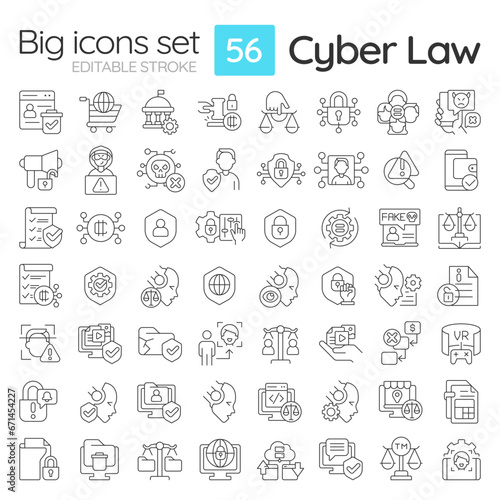 2D editable black big thin line icons set representing cyber law, isolated simple vector, linear illustration.