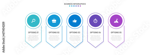 Timeline infographic with infochart. Modern presentation template with 5 spets for business process. Website template on white background for concept modern design. Horizontal layout.