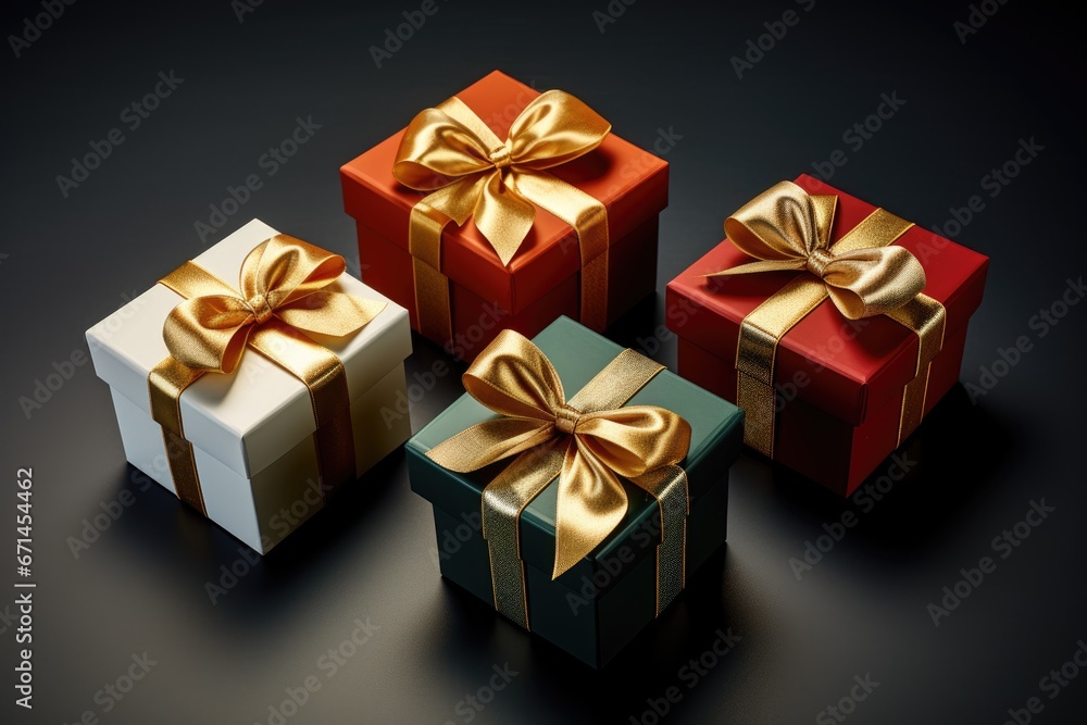 Obraz premium Many gift boxes with bows on dark table. Top view, flat lay.