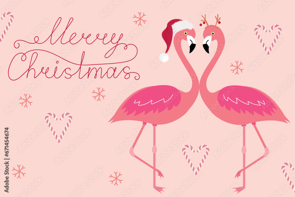 Pink Christmas card with flamingo in love. Hand drawn lettering for Xmas greetings card. Pink Christmas card with flamingo in love. Hand drawn lettering for Xmas greetings card.