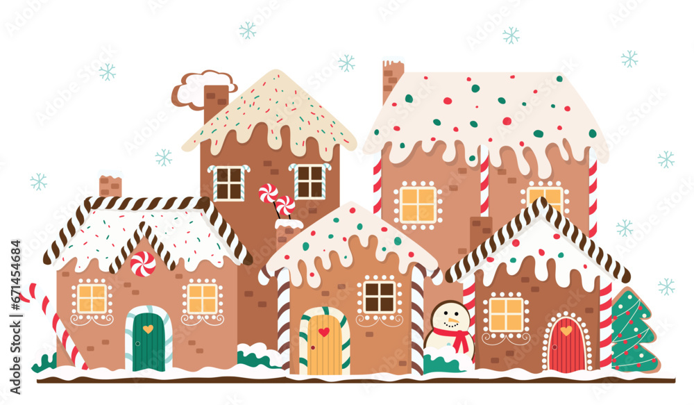 Gingerbread houses christmas scene. Horizontal vector illustration for winter holidays. Gingerbread house day