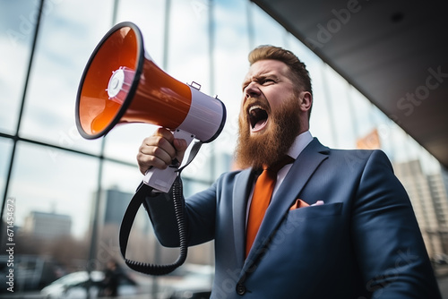 businessman shouting through a megaphone outside in front of office building © Dmytro Titov