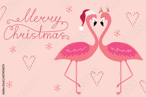Pink Christmas card with flamingo in love. Hand drawn lettering for Xmas greetings card. 