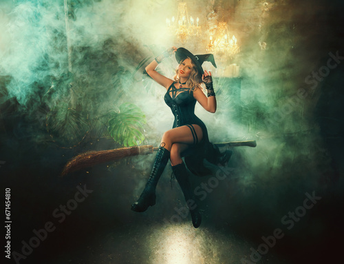 art photo real people levitation sexy witch woman sitting flying on broom in air dark room full smoke. Happy face Fantasy girl wizard magician fairy style. Black Gothic Dress Halloween Costume Hat
