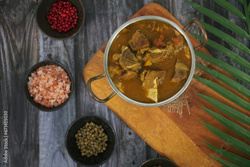 Indian cuisine, Spicy and delicious mutton curry in traditional pot. Tasty mutton curry with Indian spices .Mutton masala. Best for rice and chapati..