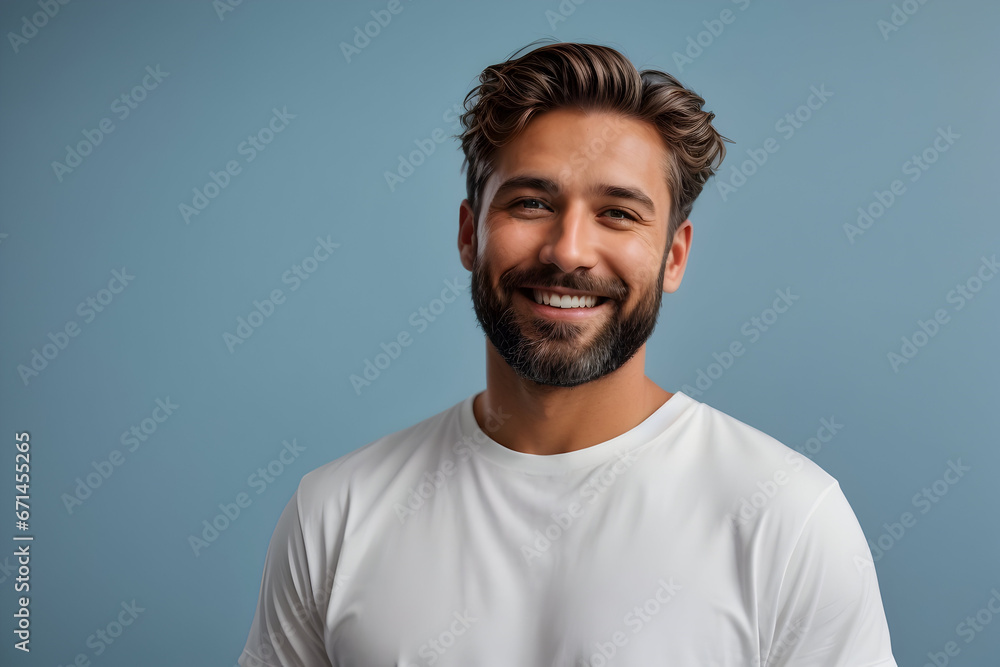 Portrait of handsome young man looking at camera and smiling while standing against blue background Portrait of handsome young man looking at camera and smiling while standing against blue background