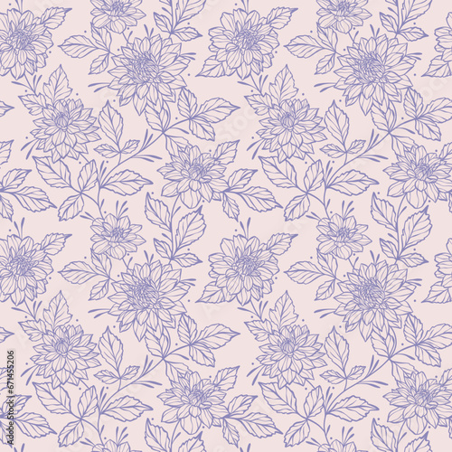 Bicolor pastel floral vector seamless repeat pattern with dahlia illustrations  spring background. Elegant feminine line art flower illustration elements  continuous climbing vine print in purple and 