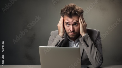 Confused disappointed businessman with hand in hair reading e-mail over laptop on gray background