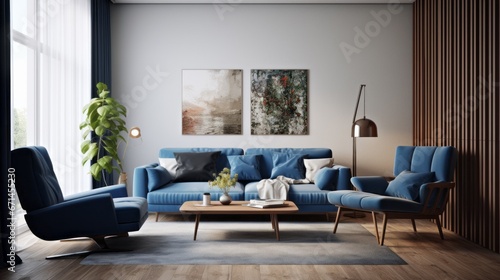 Dark blue sofa and recliner chair in scandinavian apartment. Interior design of modern living room 
