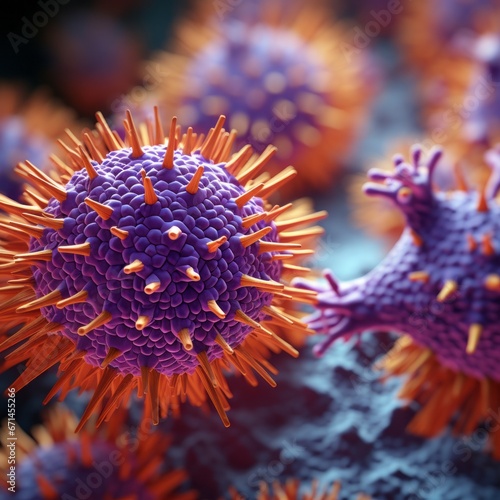 Influenza virus. 3D illustration showing surface glycoprotein spikes hemagglutinin purple and neuraminidase orange photo