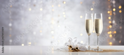 Light banner of festive glass of champagne on bokeh background