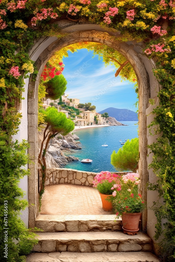 The Mediterranean coast. Arch in flowers. Photo wallpapers. Frescoes. Wallpaper for printing, Generative AI