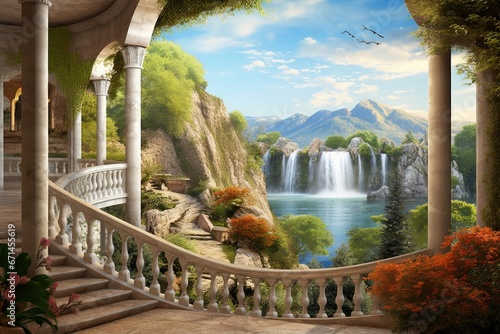 Cascade of mountain waterfalls. Beautiful view of the rotunda from the terrace. Photo wallpapers, Generative AI photo