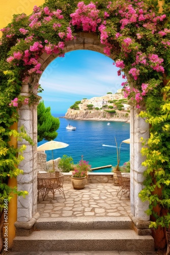 The Mediterranean coast. Arch in flowers. Photo wallpapers. Frescoes. Wallpaper for printing, Generative AI