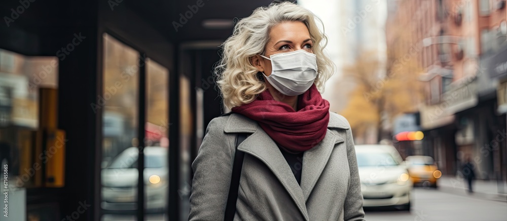 Middle aged woman in face mask for coronavirus protection in city