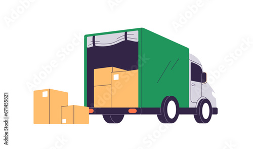 Cargo truck with boxes inside. Freight delivery transport, lorry with open doors, cardboards, goods for shipment. Commercial consignment, supply. Flat vector illustration isolated on white background