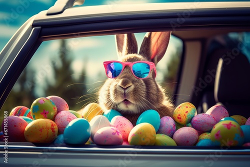 Cute Easter Bunny with sunglasses looking out of a car filed with easter eggs, Generative AI