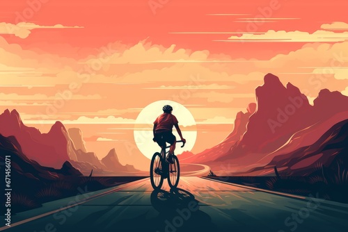 Illustration of a cyclist riding a bike into a sunset, digital art style poster. Generative AI