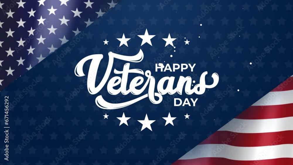 Happy Veterans Day Animation with waving USA flag. Honoring all who