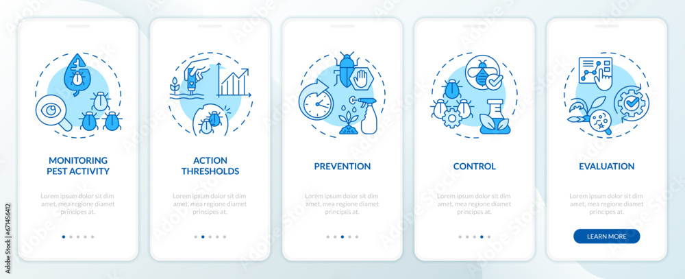 2D icons representing integrated pest management mobile app screen set. Walkthrough 5 steps blue graphic instructions with thin line icons concept, UI, UX, GUI template. - obrazy, fototapety, plakaty 